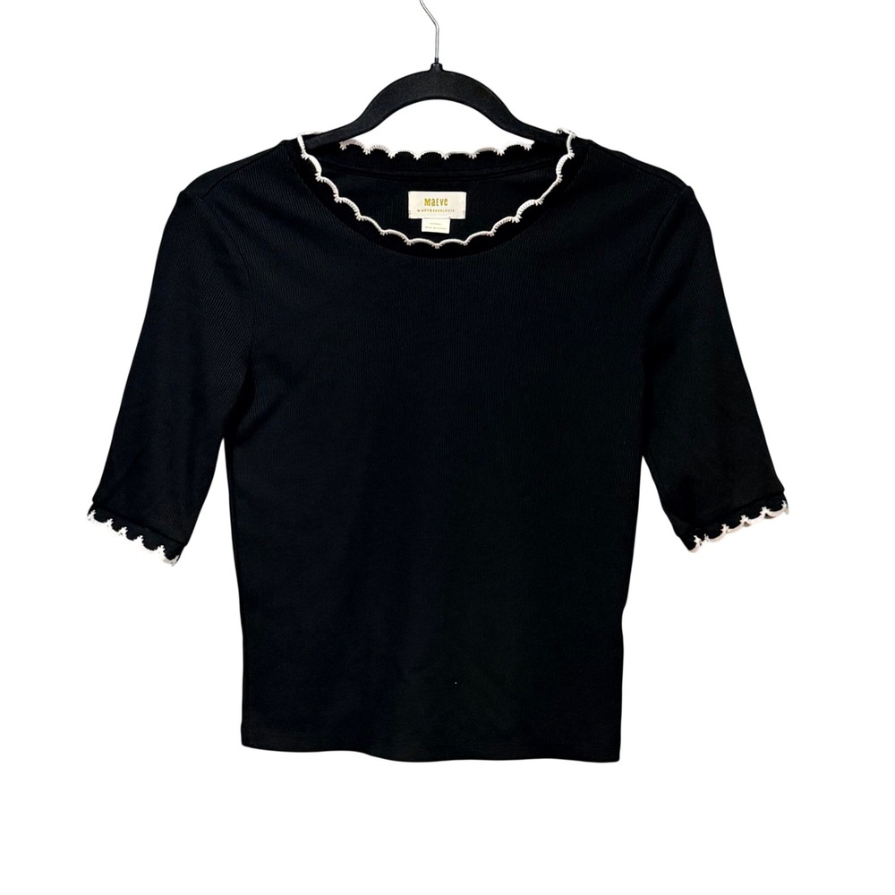 Maeve Anthropologie Black Ribbed Knit Scallop Trim Elbow Sleeve Top XXS‎